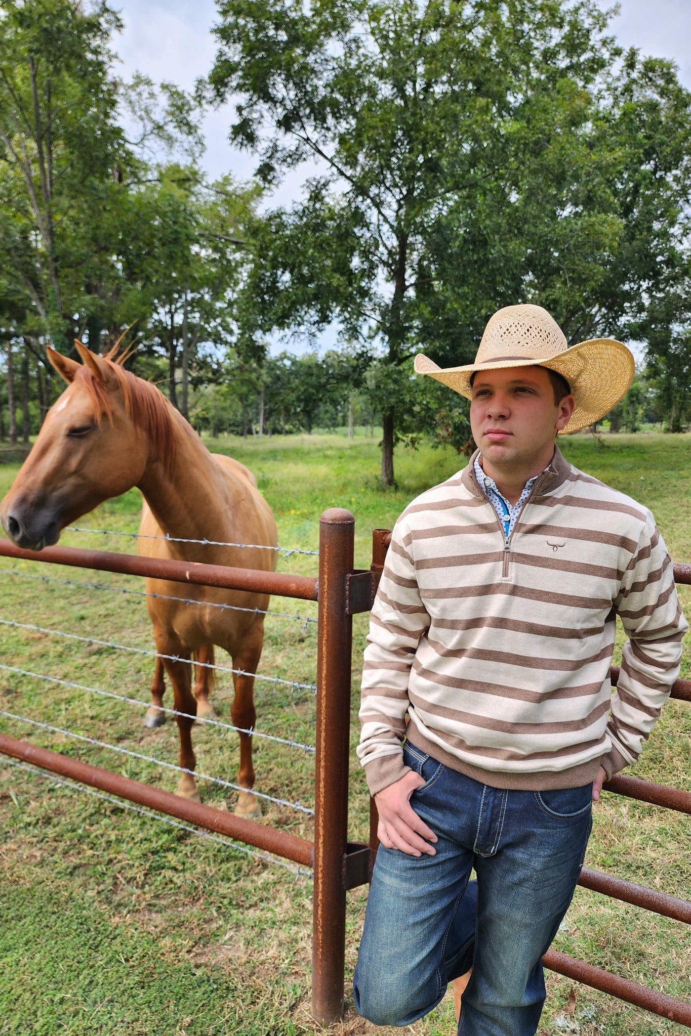 1/4 Zip Pullover - Striped - Oatmeal and Khaki Brown - Image 2