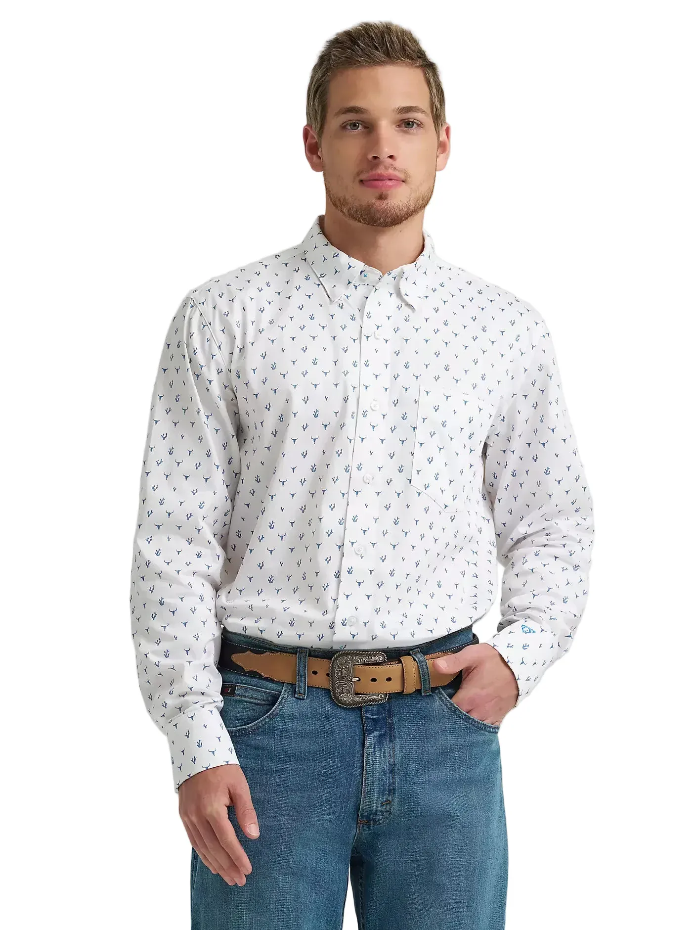 Wrangler Men's Blue Steerhead One Pocket Button Down Shirt 112374486