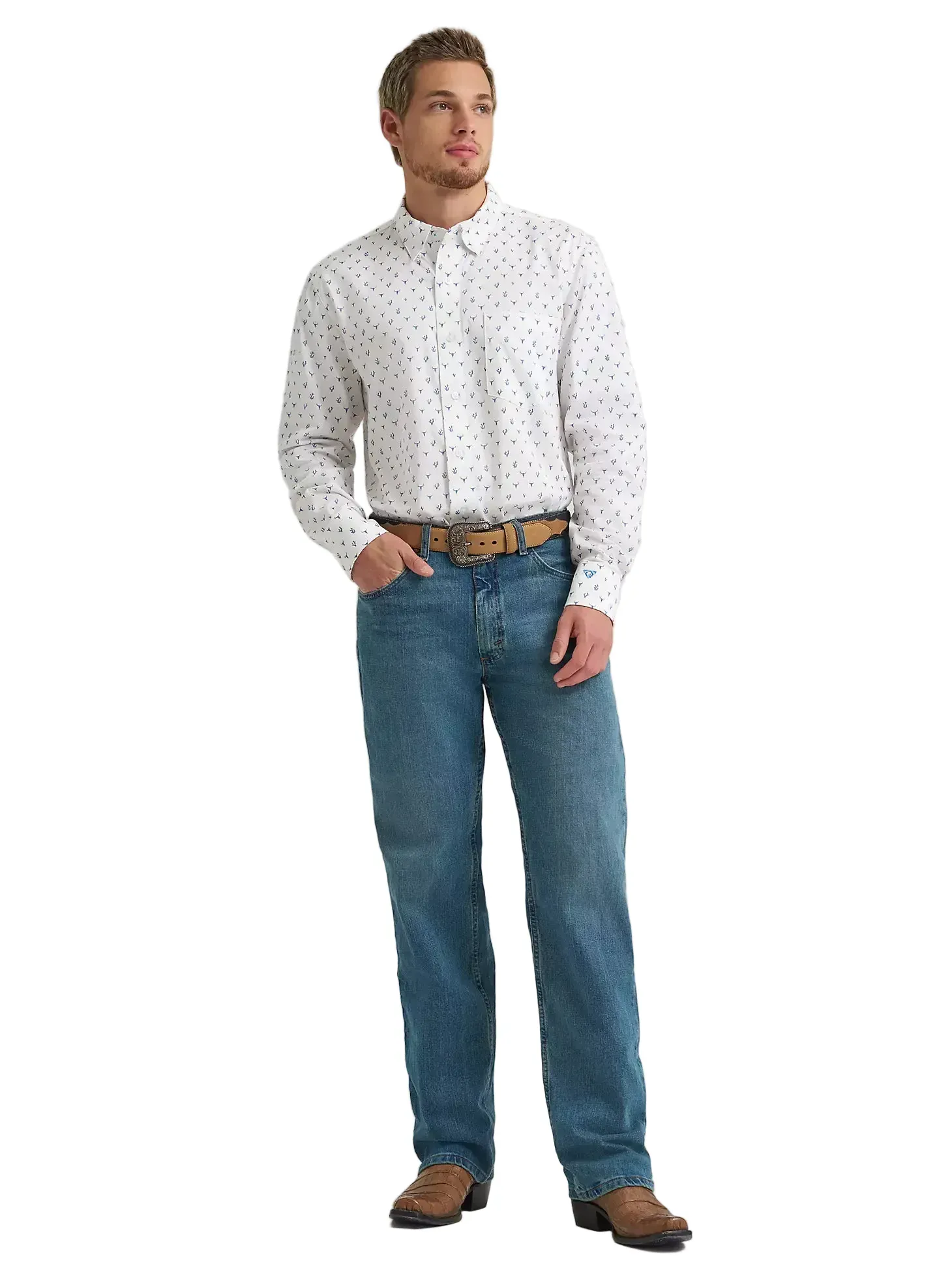 Wrangler Men's Blue Steerhead One Pocket Button Down Shirt 112374486 - Image 2