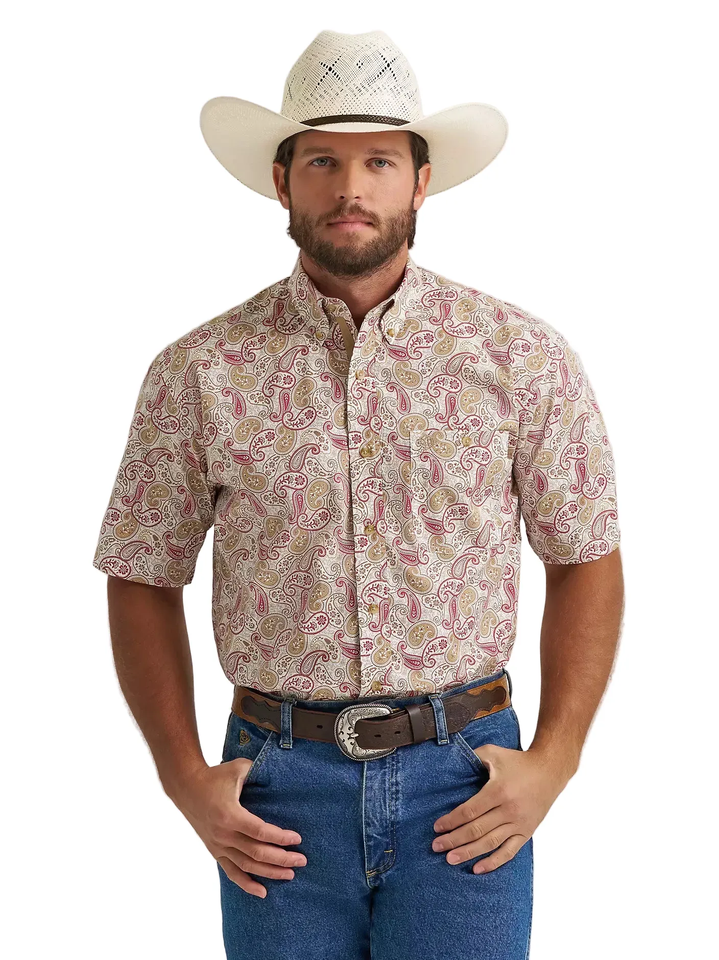 Wrangler Men's Mustard Paisley Short Sleeve Button Down Shirt 112381966
