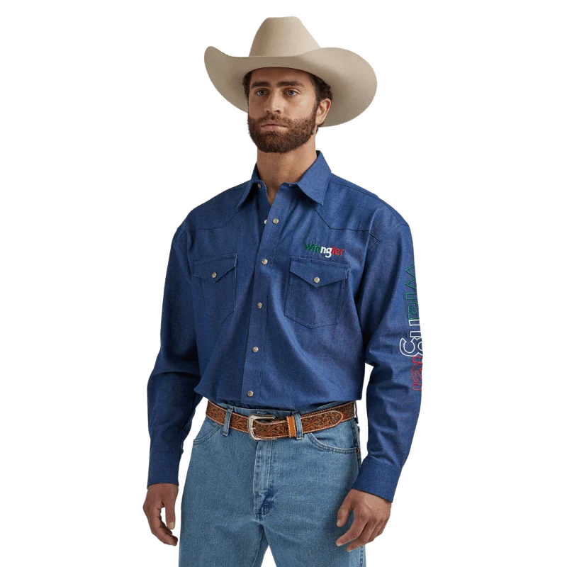 Wrangler Men's Logo Mexico Indigo Denim Long Sleeve Western Snap Shirt 112324642