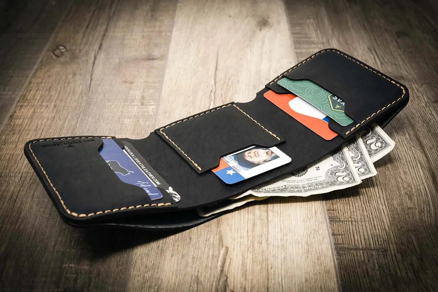 Bull Sheath Leather Men's The Trinity Trifold Wallet Black - Image 2