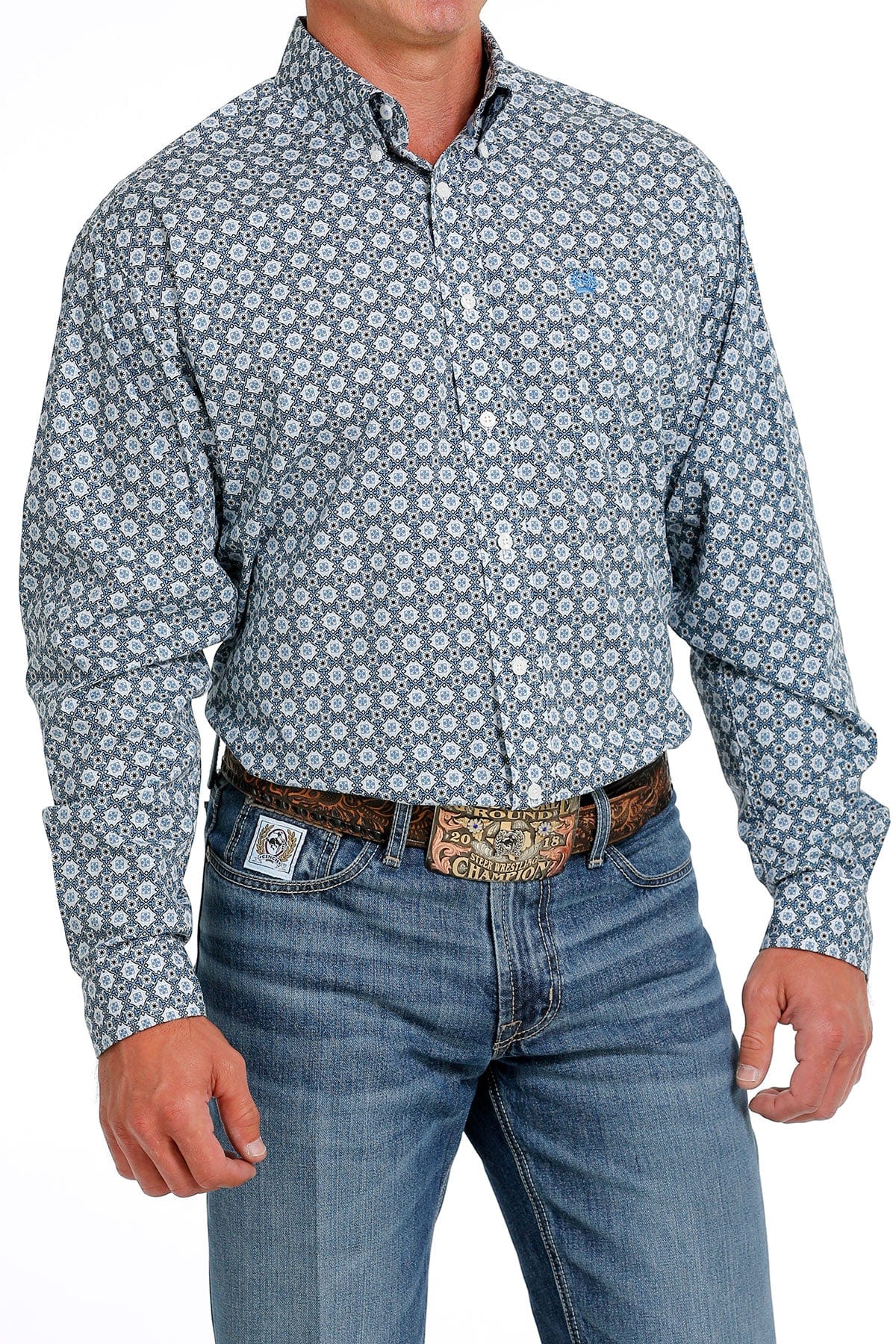 Cinch Men's Geometric Print Blue Long Sleeve Button Down Western Shirt MTW1105628 - Image 4