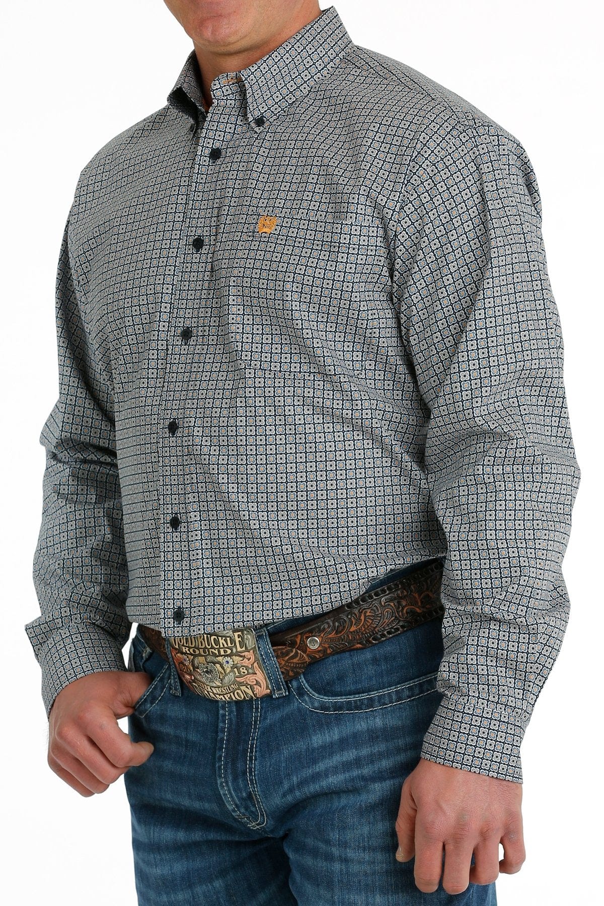 Cinch Men's Navy Stretch Geometric Print Long Sleeve Button Down Western Shirt MTW1105699 - Image 2
