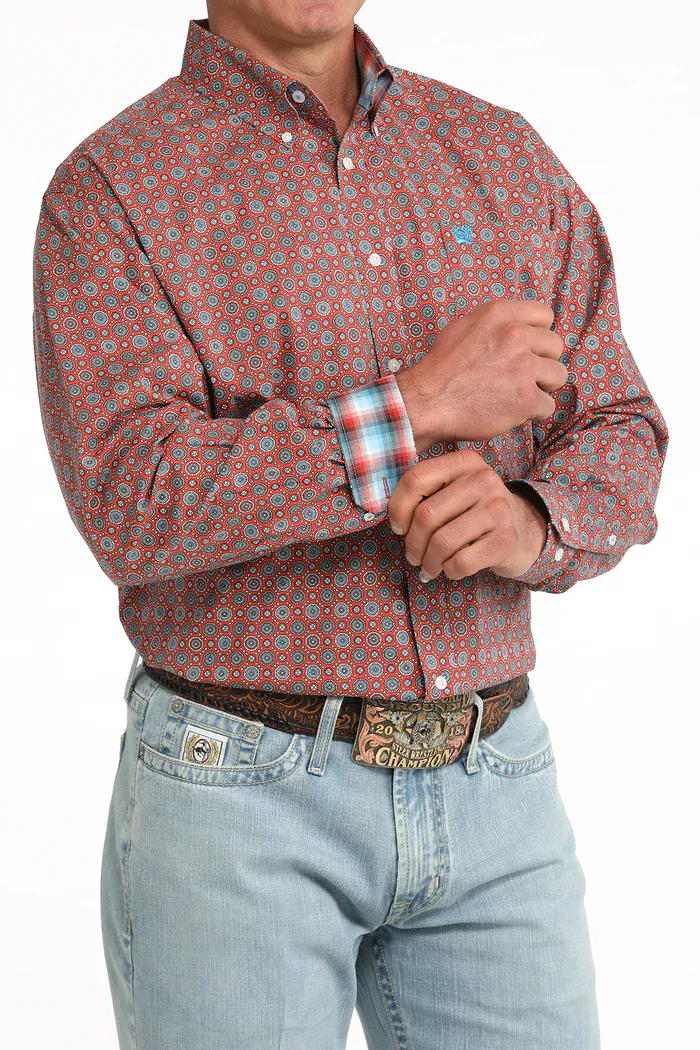 Cinch Men's Red & Blue Geo Print Button Down Western Shirt MTW1106097 - Image 3