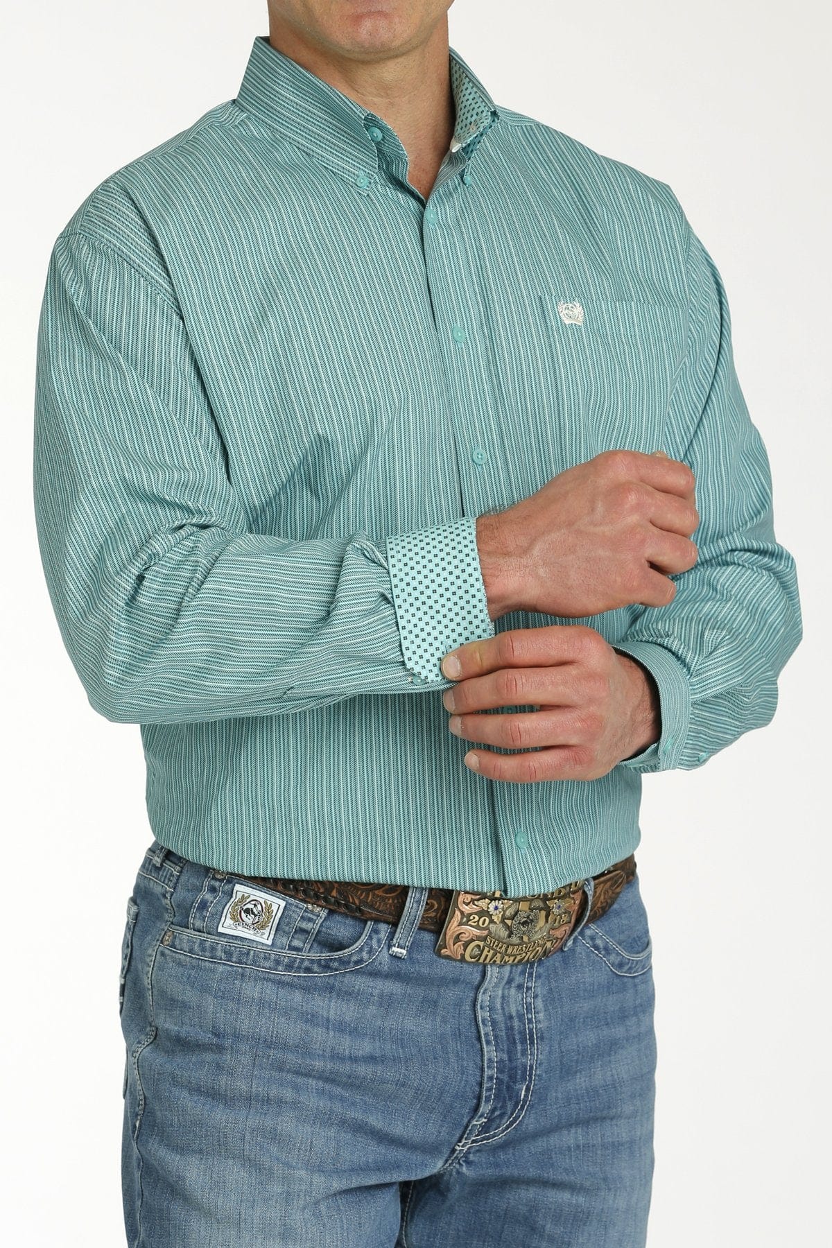 Cinch Men's Turquoise Printed Stripe Long Sleeve Button Down Western Shirt MTW1105752 - Image 2
