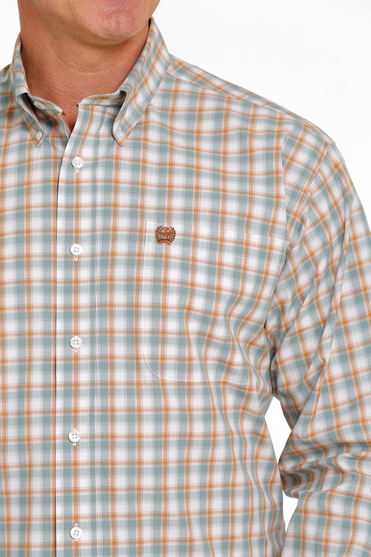 Cinch Men's White/Teal/Brown Plaid Classic Fit Long Sleeve Button Down Shirt MTW1105467 - Image 3