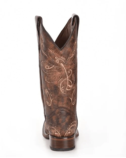Circle G Women's Distressed Brown/Bone Dragonfly Embroidery Square Toe Cowgirl Boots L5079 - Image 3