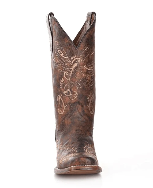 Circle G Women's Distressed Brown/Bone Dragonfly Embroidery Square Toe Cowgirl Boots L5079 - Image 4