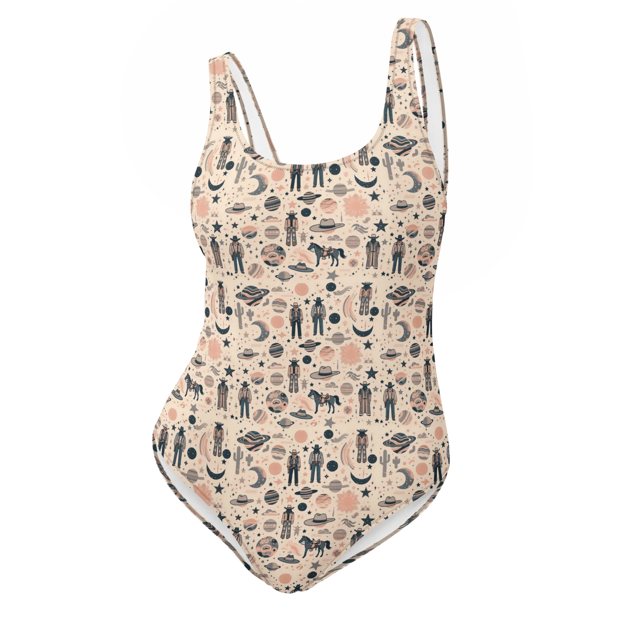 Cosmic Wrangler: Western Space Cowboy One-Piece Swimsuit