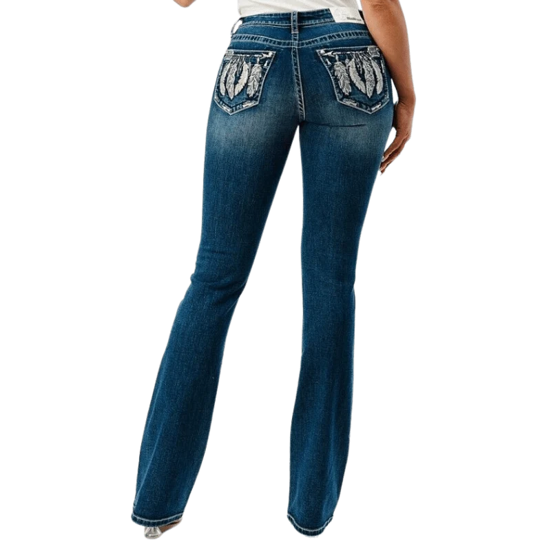 Grace in LA Women's Silver Aztec Feather Mid Rise Bootcut Jeans EBS512SL