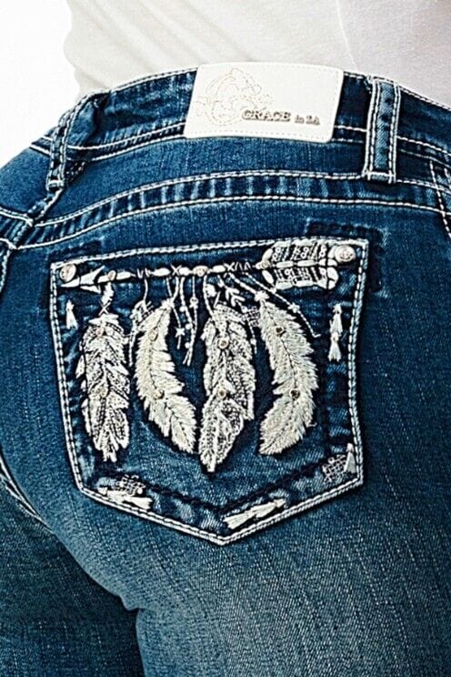 Grace in LA Women's Silver Aztec Feather Mid Rise Bootcut Jeans EBS512SL - Image 3