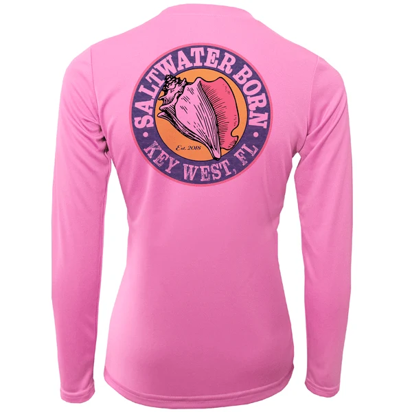 Key West, FL Saltwater Born Circle Logo Girl's Long Sleeve UPF 50+ Dry-Fit Shirt - Image 2
