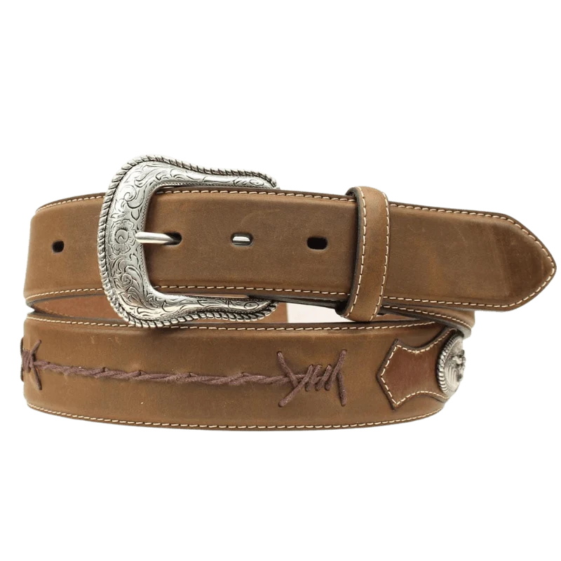 Nocona Men's Medium Brown Barbed Lace Long Horn Conchos Leather Belt N2474644