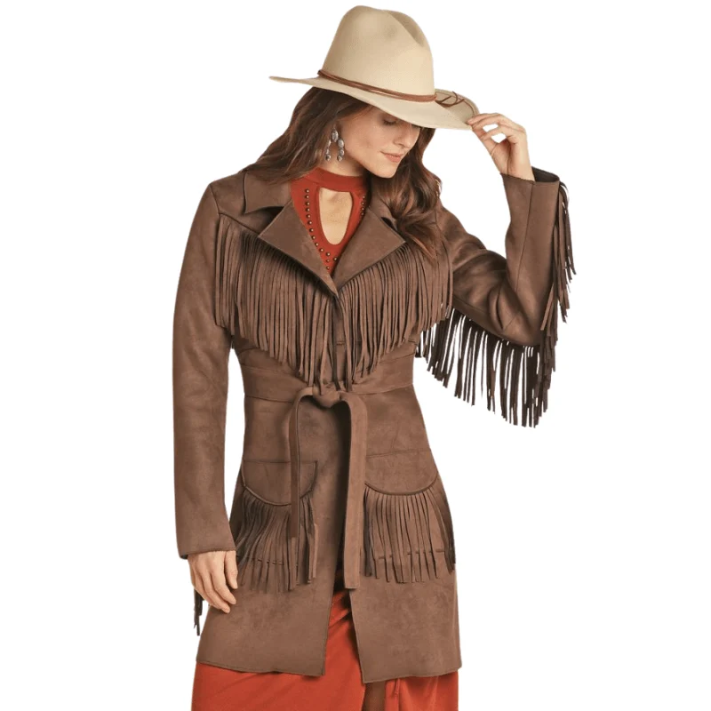 Panhandle Women's Powder River Brown Micro Suede Fringe Coat PRWO92RZWC