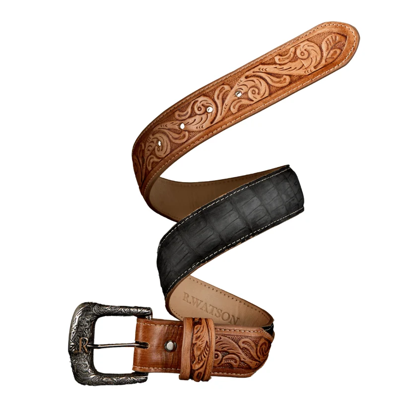 R. Watson Men's Black Caiman Nubuck Belt RWB2371