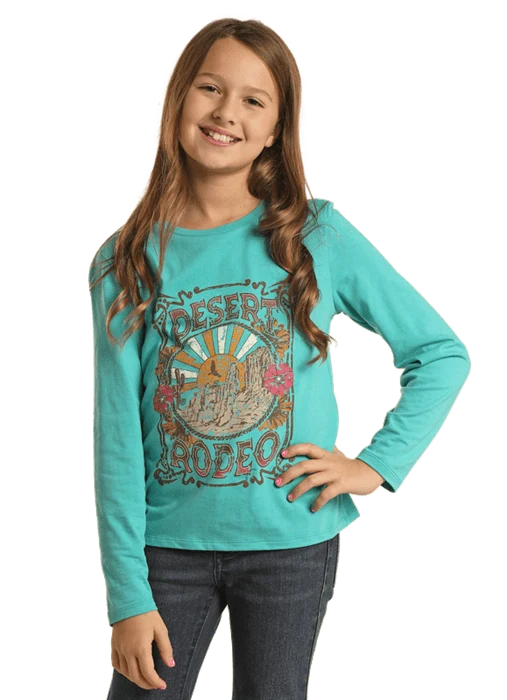 Rock & Roll Cowgirl Girls Desert Rodeo Peacock Long Sleeve Shirt BG22T02369