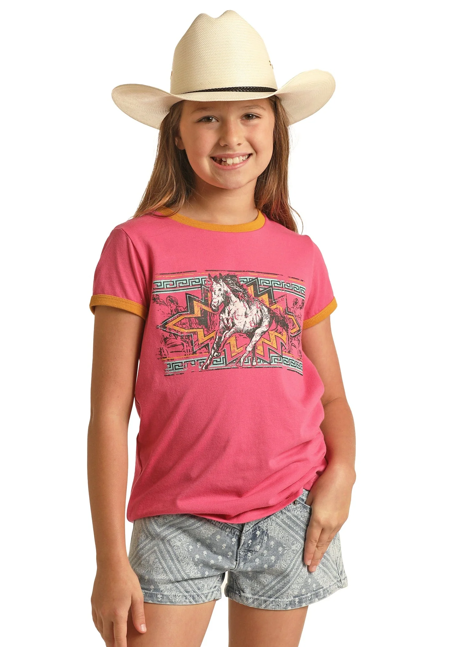 Rock & Roll Cowgirl Girls Hot Pink Horse Short Sleeve Graphic Tee RRGT21R113