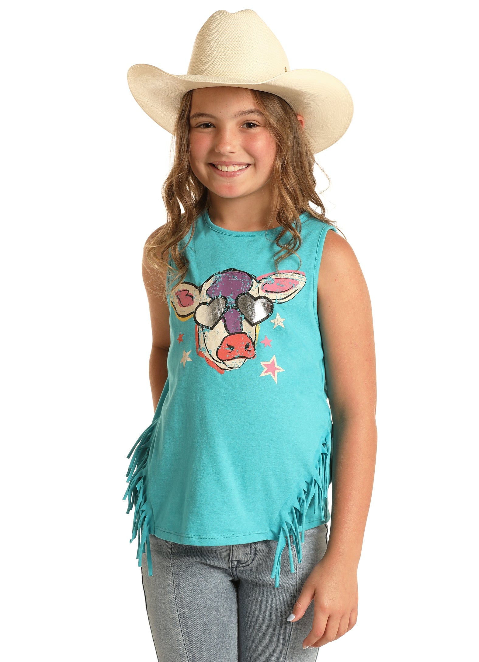 Rock & Roll Cowgirl Girl's Peacock Graphic Fringe Sleeveless Tank RRGT20R195