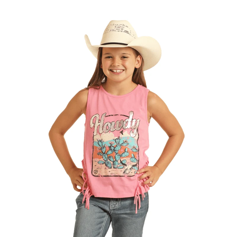 Rock & Roll Cowgirl Girls Pink Fringe Howdy Graphic Tank Top BG20T04356