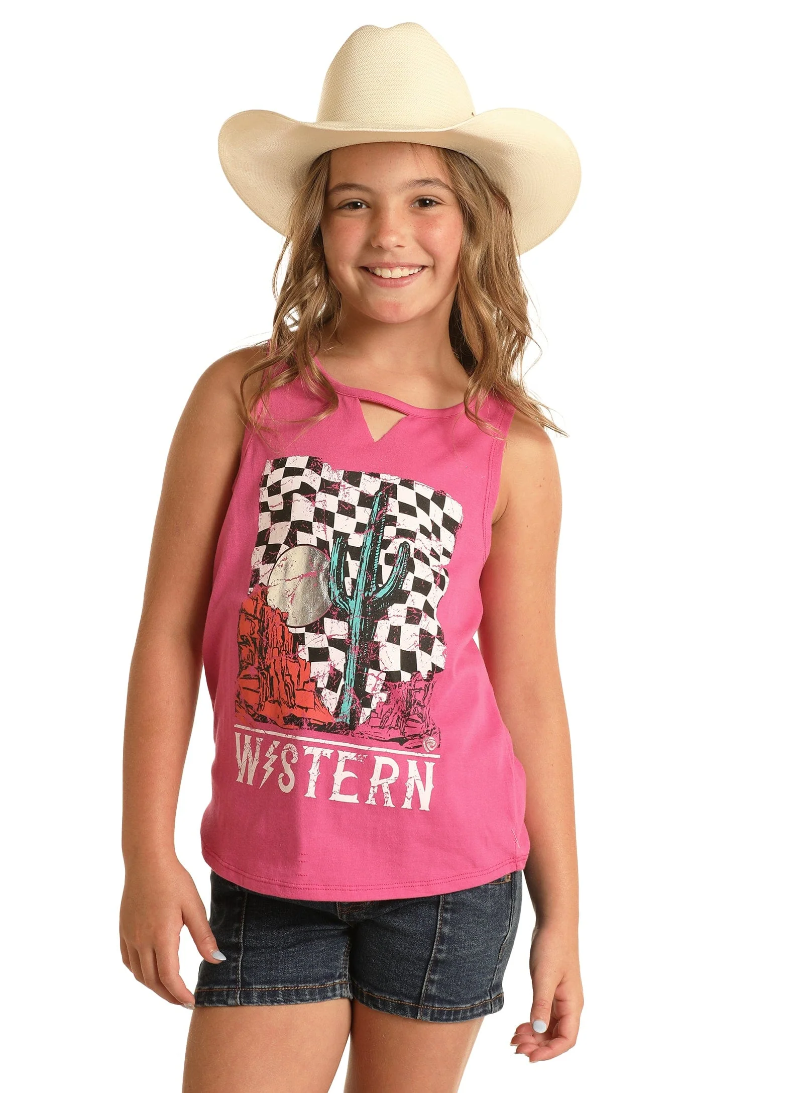 Rock & Roll Cowgirl Girls Pink V-Neck Graphic Tank RRGT20R192
