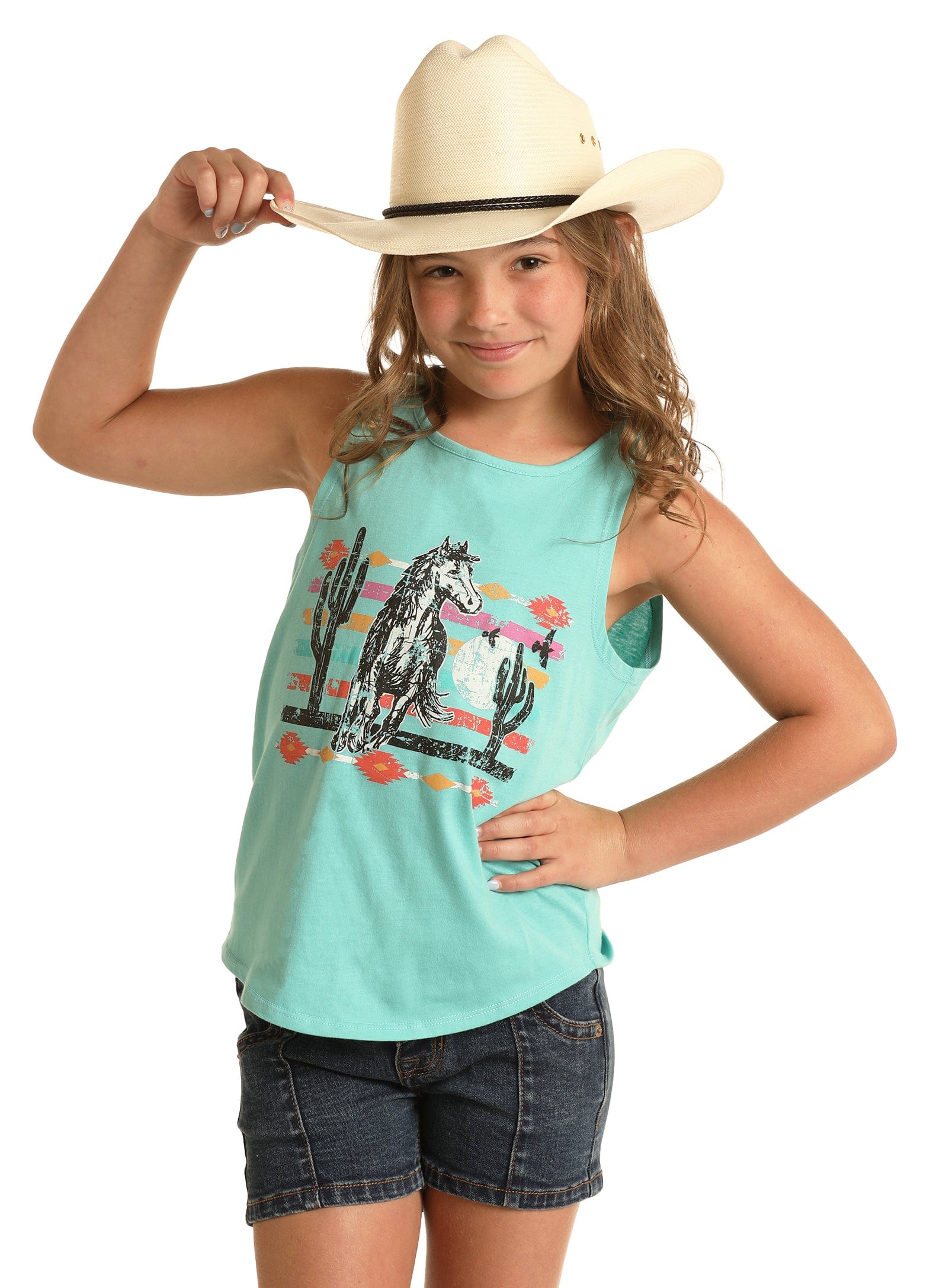 Rock & Roll Cowgirl Girls Turquoise Graphic Tank RRGT20R191