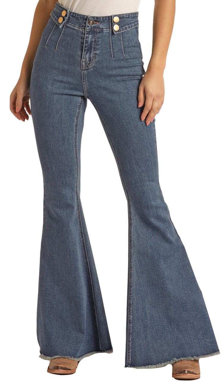 Rock & Roll Cowgirl Women's High Rise Extra Stretch Double Button Bell Bottom Jeans RRWD7PRZRA