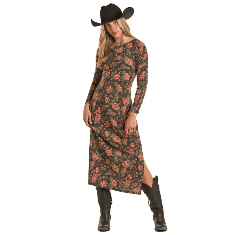 Rock & Roll Cowgirl Women's Ruched Floral Long Sleeve Midi Dress BWD2R02732