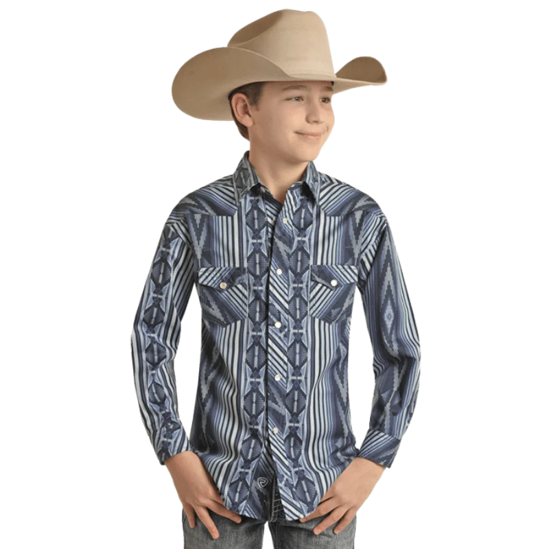 Rock & Roll Denim Blue Aztec Print Long Sleeve Western Snap Shirt BBN2S02517