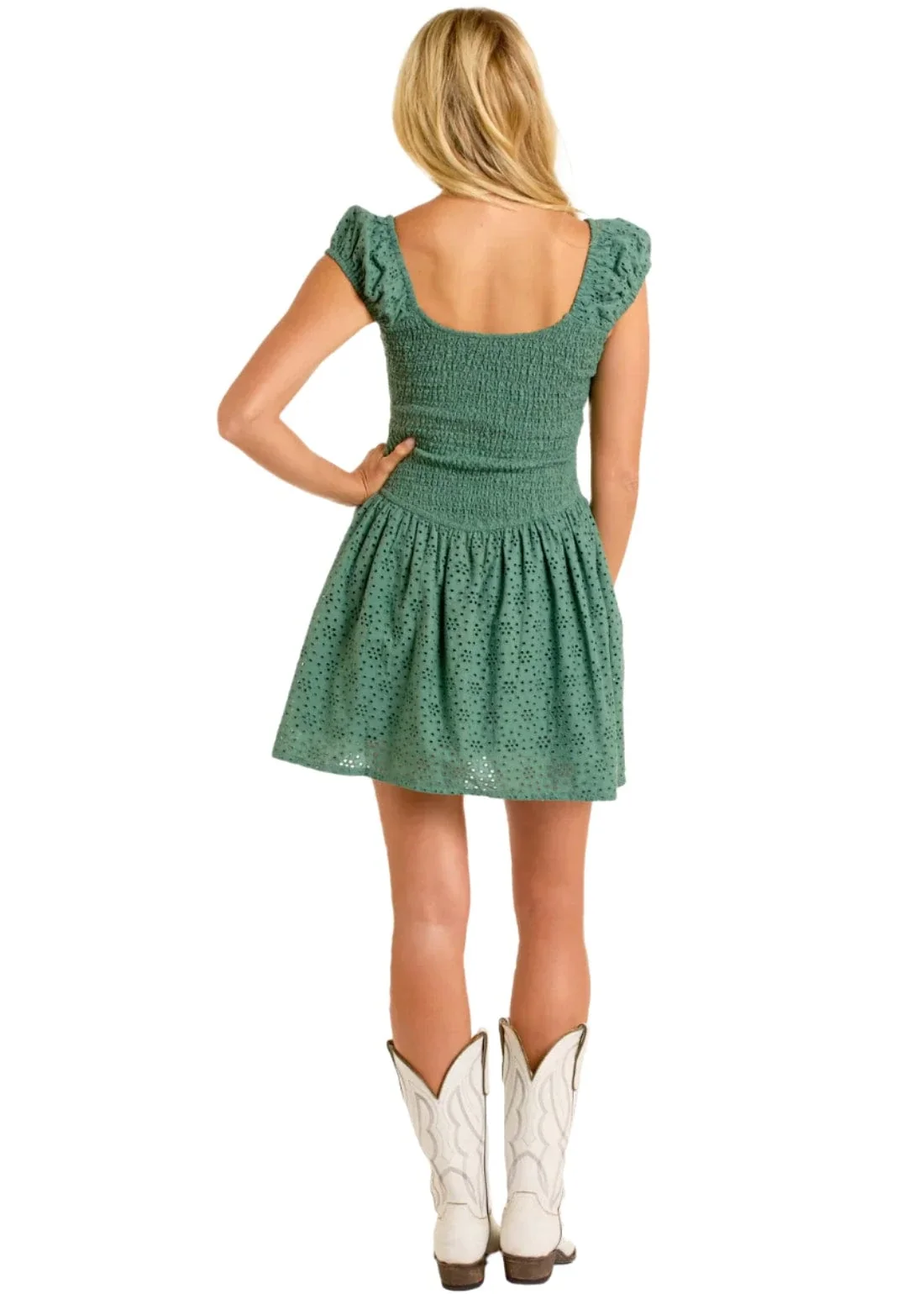 Rock & Roll Denim Women's Green Drop Eyelet Mini Dress BWD1R06308 - Image 2