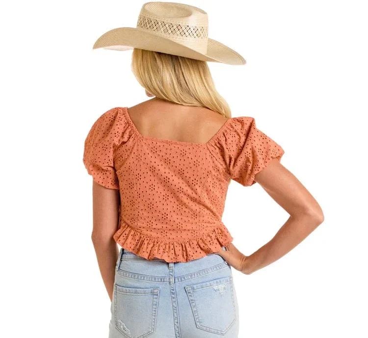 Rock & Roll Denim Women's Orange Eyelet Puff Sleeve Blouse BW51T06295 - Image 2