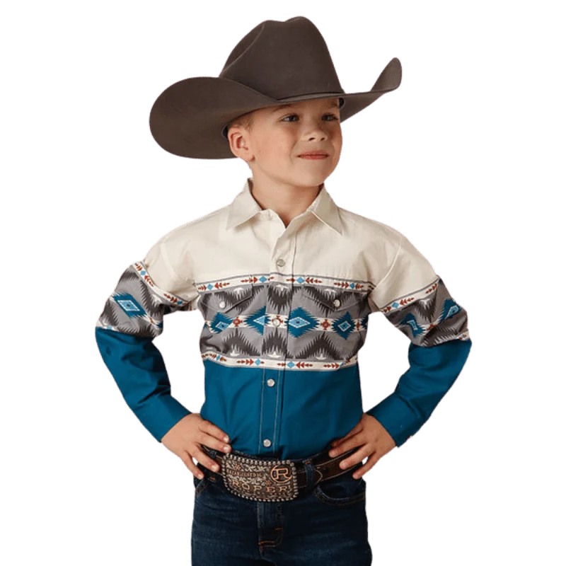 Roper Boys Aztec Border Print Long Sleeve Western Snap Shirt 03-030-0431-0609 BU