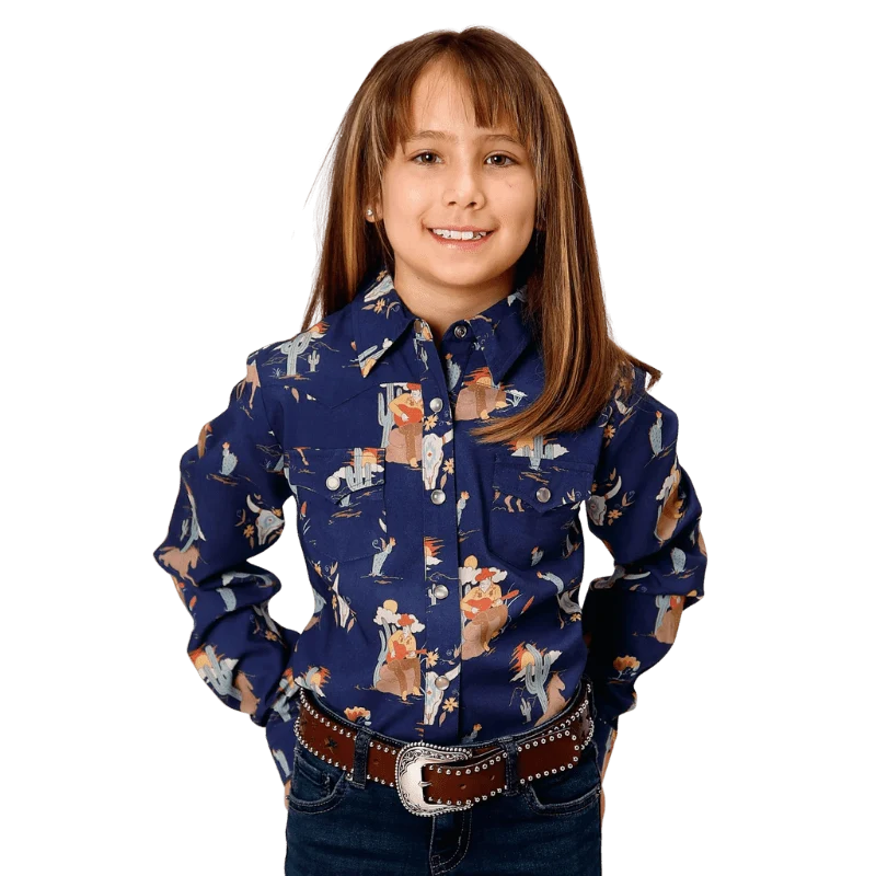 Roper Girls Blue Cowboy Toile Print Long Sleeve Western Snap Shirt 03-080-0590-6122 BU