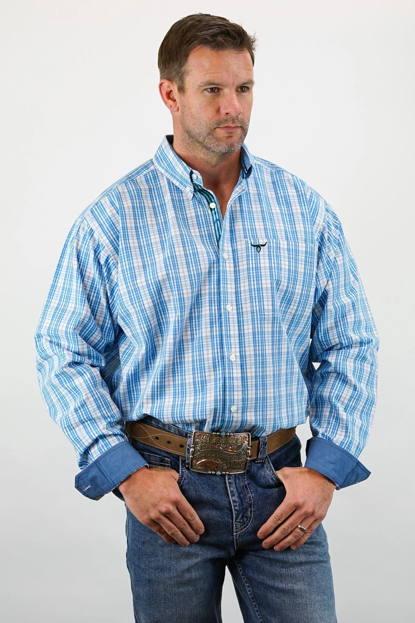 Signature Series - Savanna - Blue and White Plaid, Option Cuff, Classic Fit Shirt