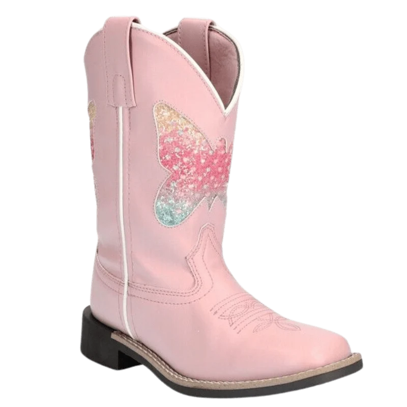 Smoky Mountain Girls Chloe Pink Butterfly Square Toe Western Boots 3308C