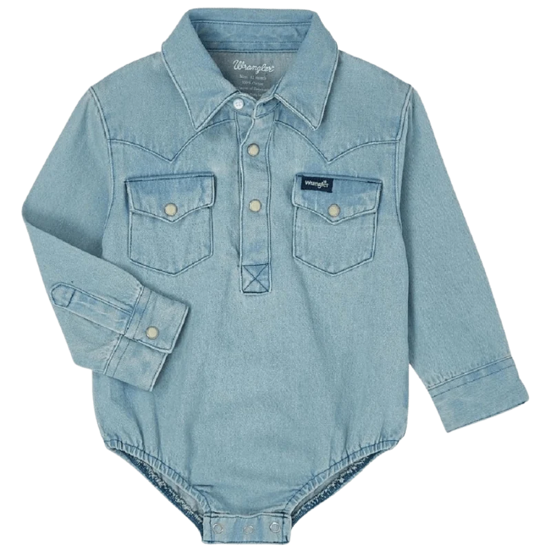 Wrangler Baby Boy's Faded Blue Denim Long Sleeve Western Snap Onesie 10PQ1371D