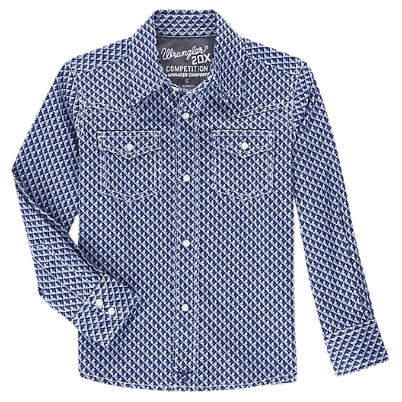 Wrangler Boys 20X Advanced Comfort Midnight Squares Print Long Sleeve Western Snap Shirt 112338024