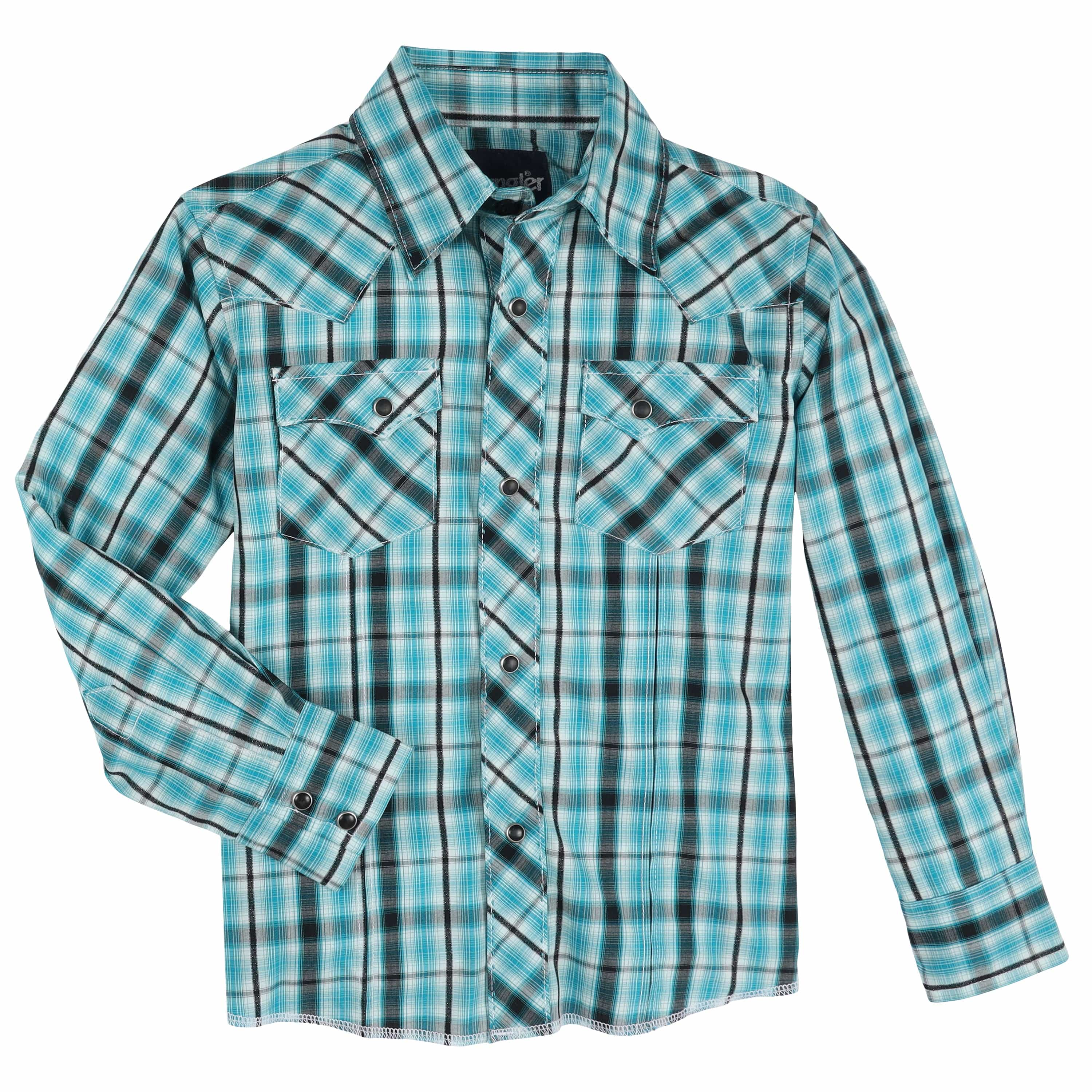 Wrangler Boy's Fashion Turquois Plaid Snap Long Sleeve Shirt 112330765