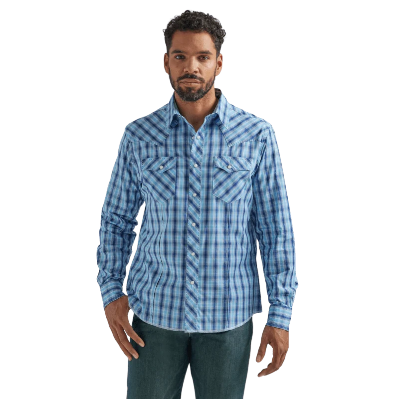 Wrangler Men's Fashion Navy Blue Long Sleeve Western Snap Plaid Shirt 112324669