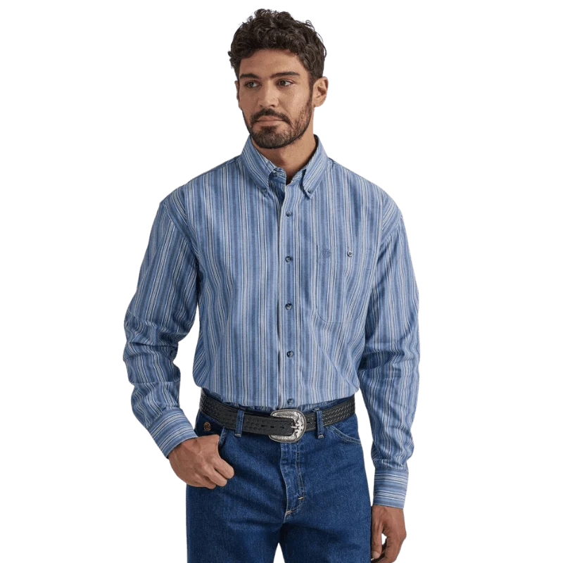Wrangler Men's George Strait Blue Stripe Long Sleeve Western Shirt 112338098