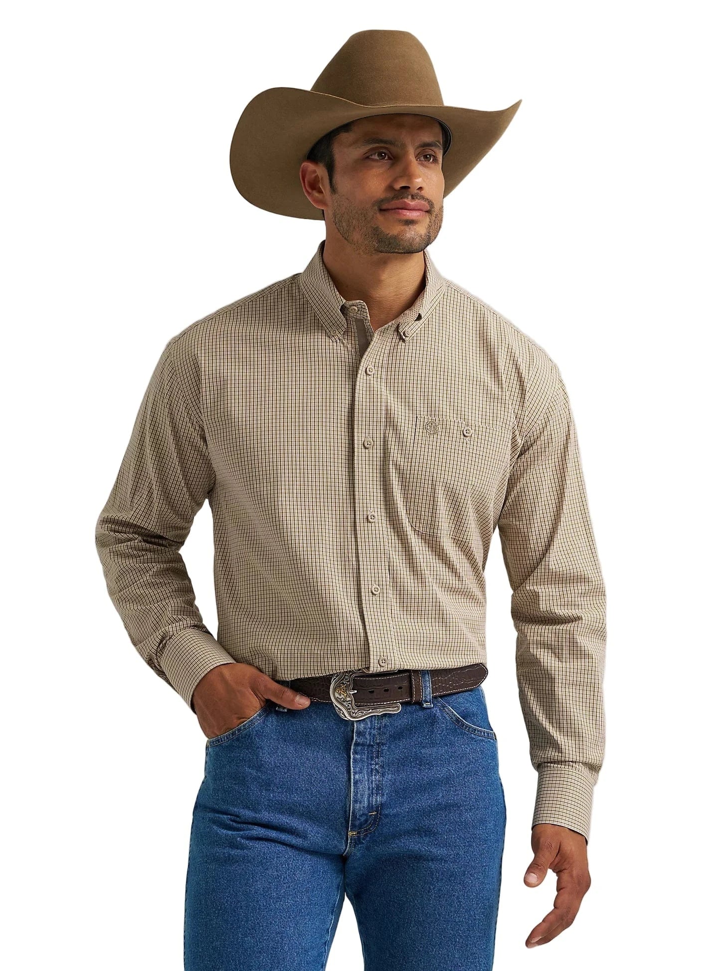 Wrangler Men's George Strait Olive Microcheck Button Down Western Shirt 112368228