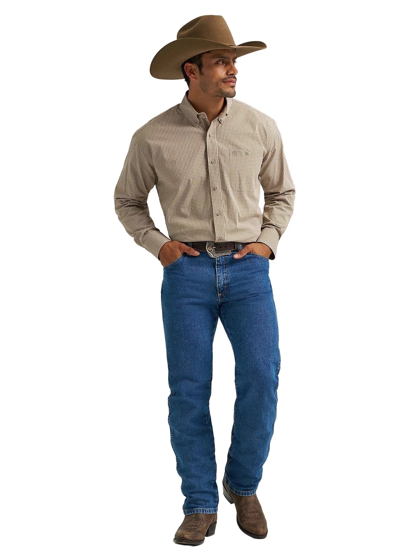Wrangler Men's George Strait Olive Microcheck Button Down Western Shirt 112368228 - Image 2