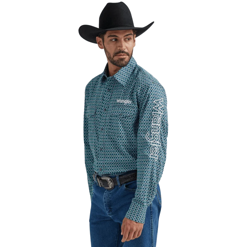 Wrangler Men's Logo Blue Diamonds Long Sleeve Western Snap Shirt 112337440
