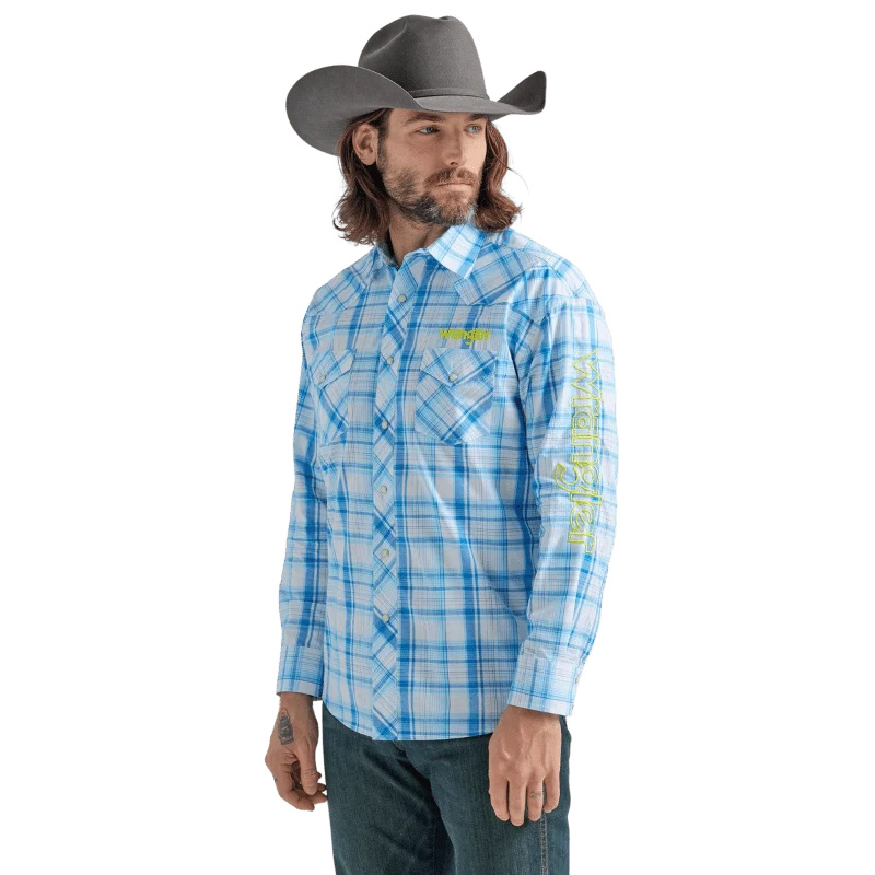 Wrangler Men's Logo Sea Blue Plaid Long Sleeve Western Snap Shirt 112324644